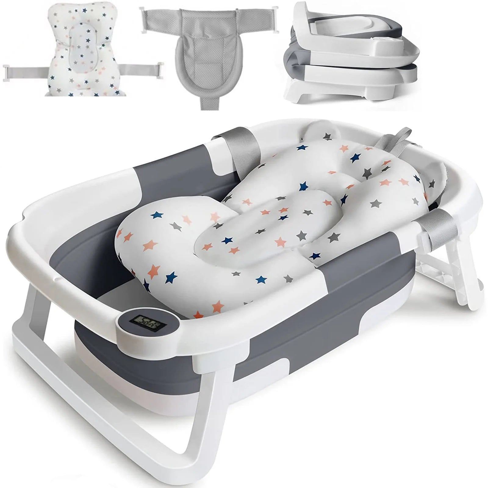 Foldable Baby Bathtub with Temp Sensor & Soft Bath Pad