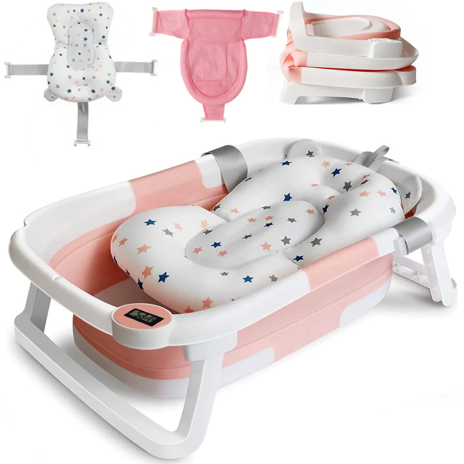 Foldable Baby Bathtub with Temp Sensor & Soft Bath Pad
