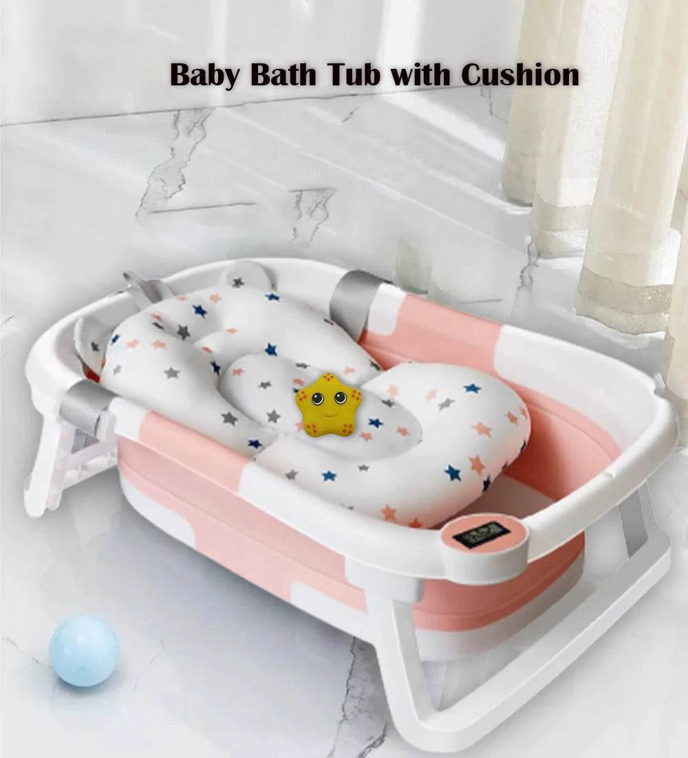 Foldable Baby Bathtub with Temp Sensor & Soft Bath Pad