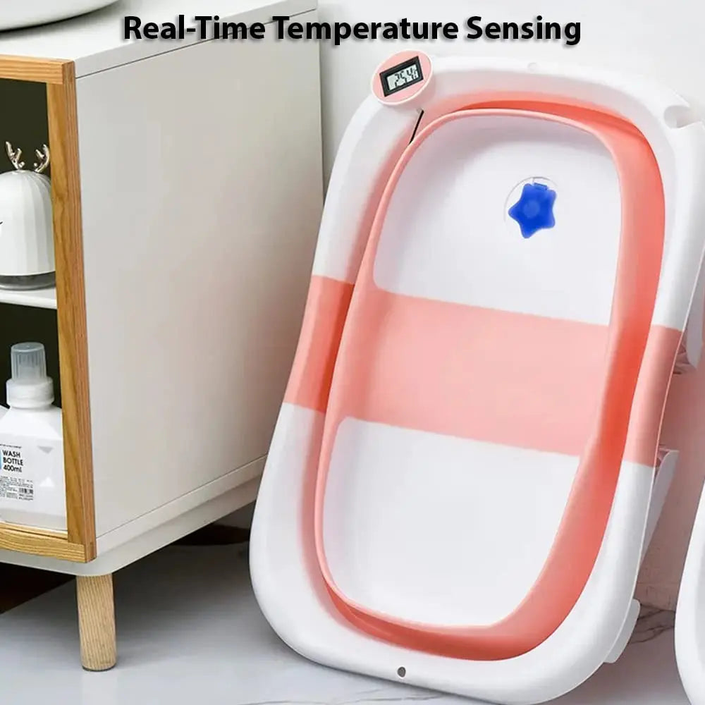 Foldable Baby Bathtub with Temp Sensor & Soft Bath Pad