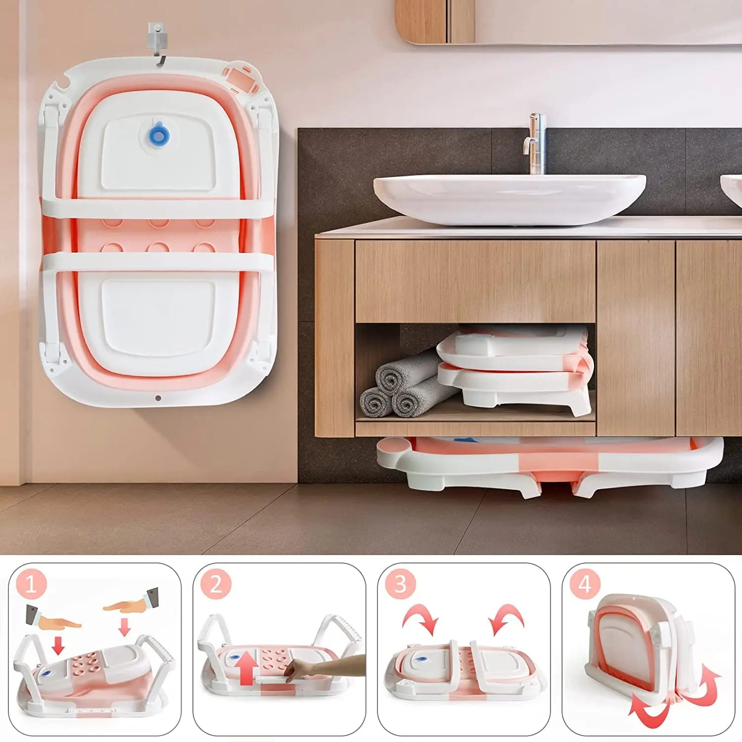 Foldable Baby Bathtub with Temp Sensor & Soft Bath Pad